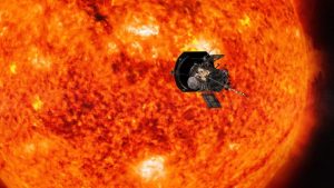 Illustration of Nasa’s Parker Solar Probe making its closest-ever approach to the Sun, capturing data on the corona and solar wind.