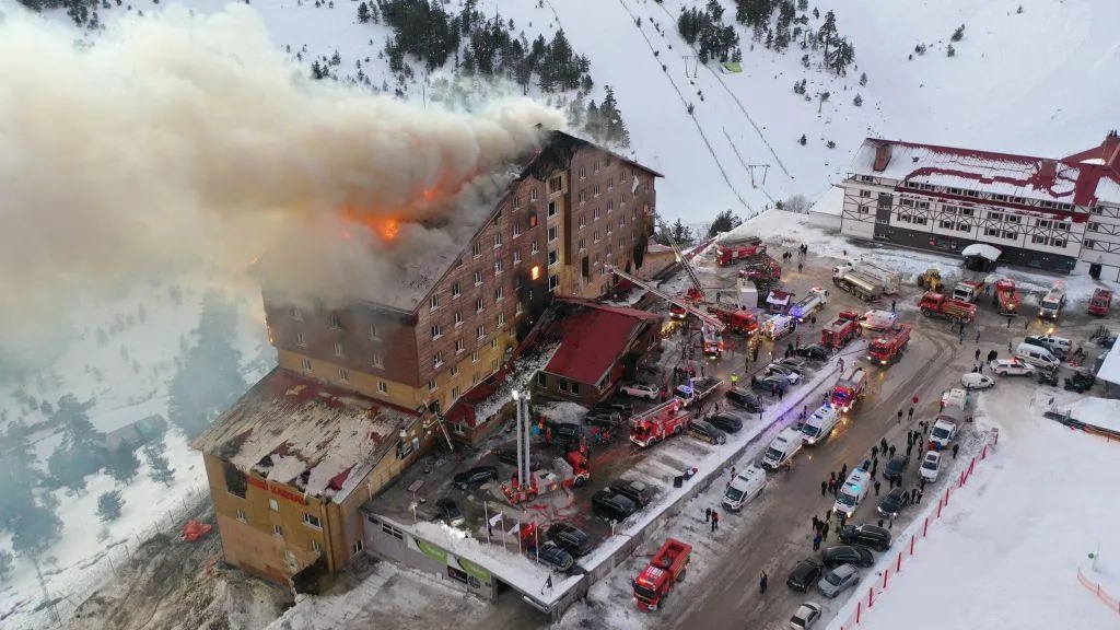 Grand Kartal Hotel engulfed in flames during tragic Bolu ski resort fire.