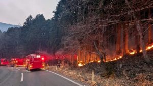 Japan wildfire Ofunato helicopter water drop